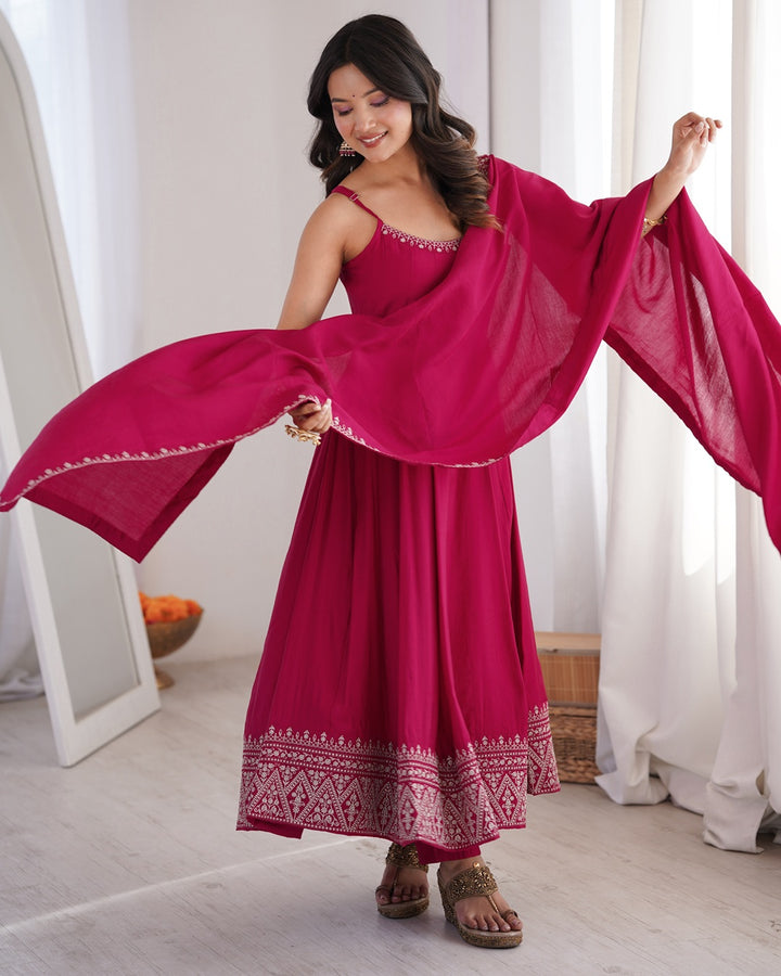 Rani Pink Roman Silk Chanderi Silk Three Piece Anarkali Suit with Dupatta | Designer Festive & Wedding Wear