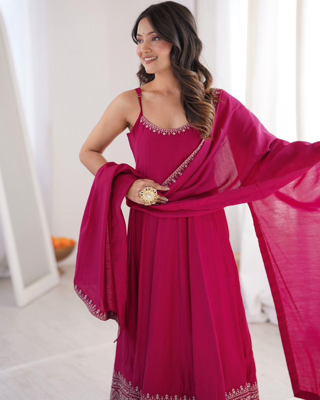Rani Pink Roman Silk Chanderi Silk Three Piece Anarkali Suit with Dupatta | Designer Festive & Wedding Wear