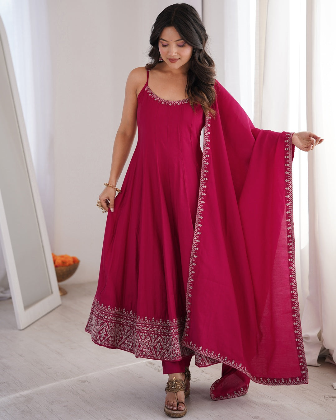 Rani Pink Roman Silk Chanderi Silk Three Piece Anarkali Suit with Dupatta | Designer Festive & Wedding Wear