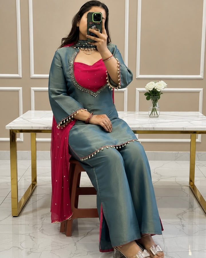 Premium Teal Blue Roman Glass Silk Kurti Palazzo Set for Women | Festive, Party & Office Wear