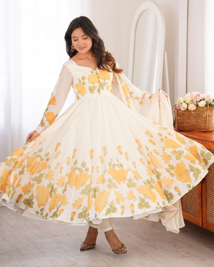 Creamish White Floral Print Organza Three Piece Anarkali Suit with Dupatta | Designer Festive Ethnic Wear for Women