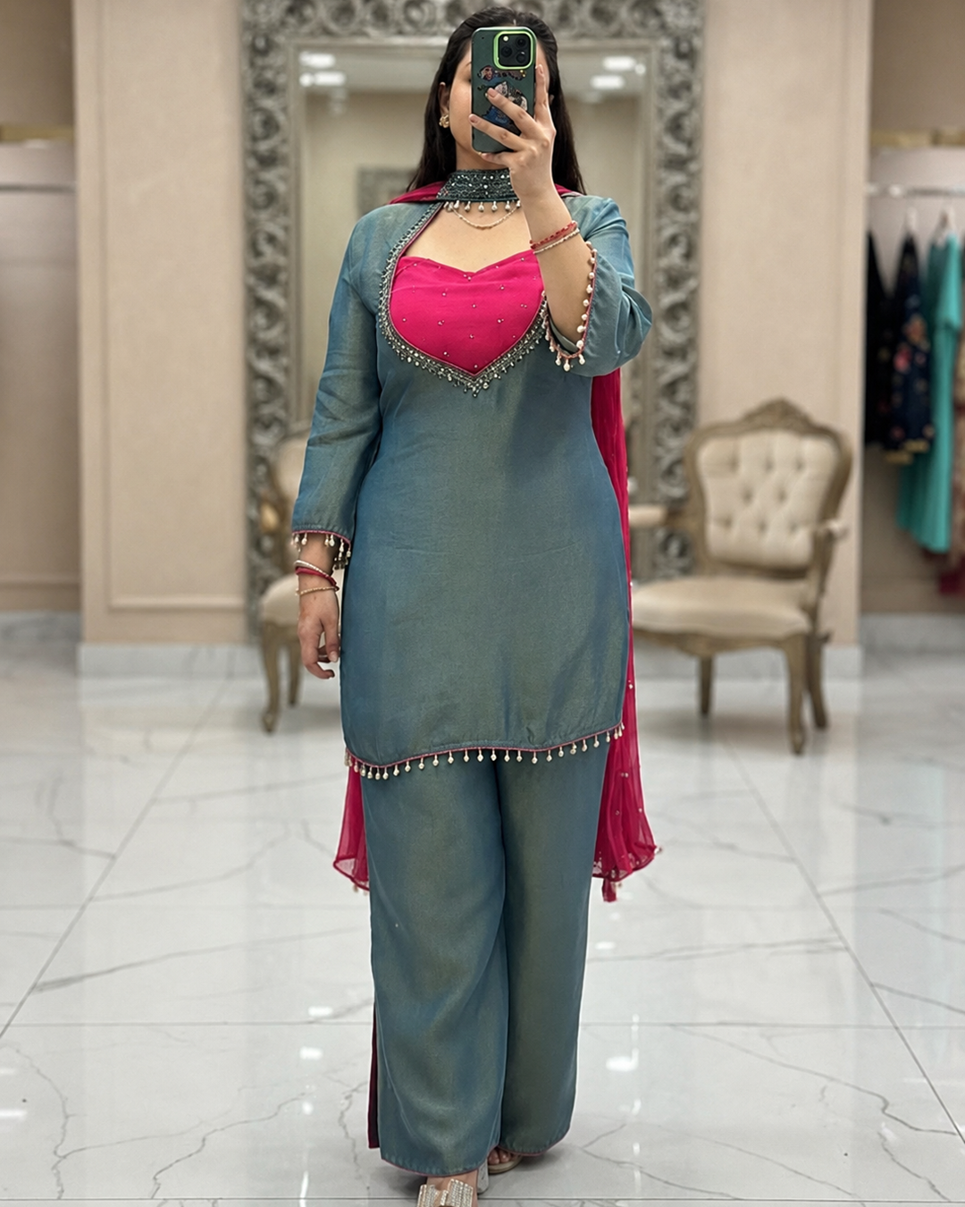 Premium Teal Blue Roman Glass Silk Kurti Palazzo Set for Women | Festive, Party & Office Wear