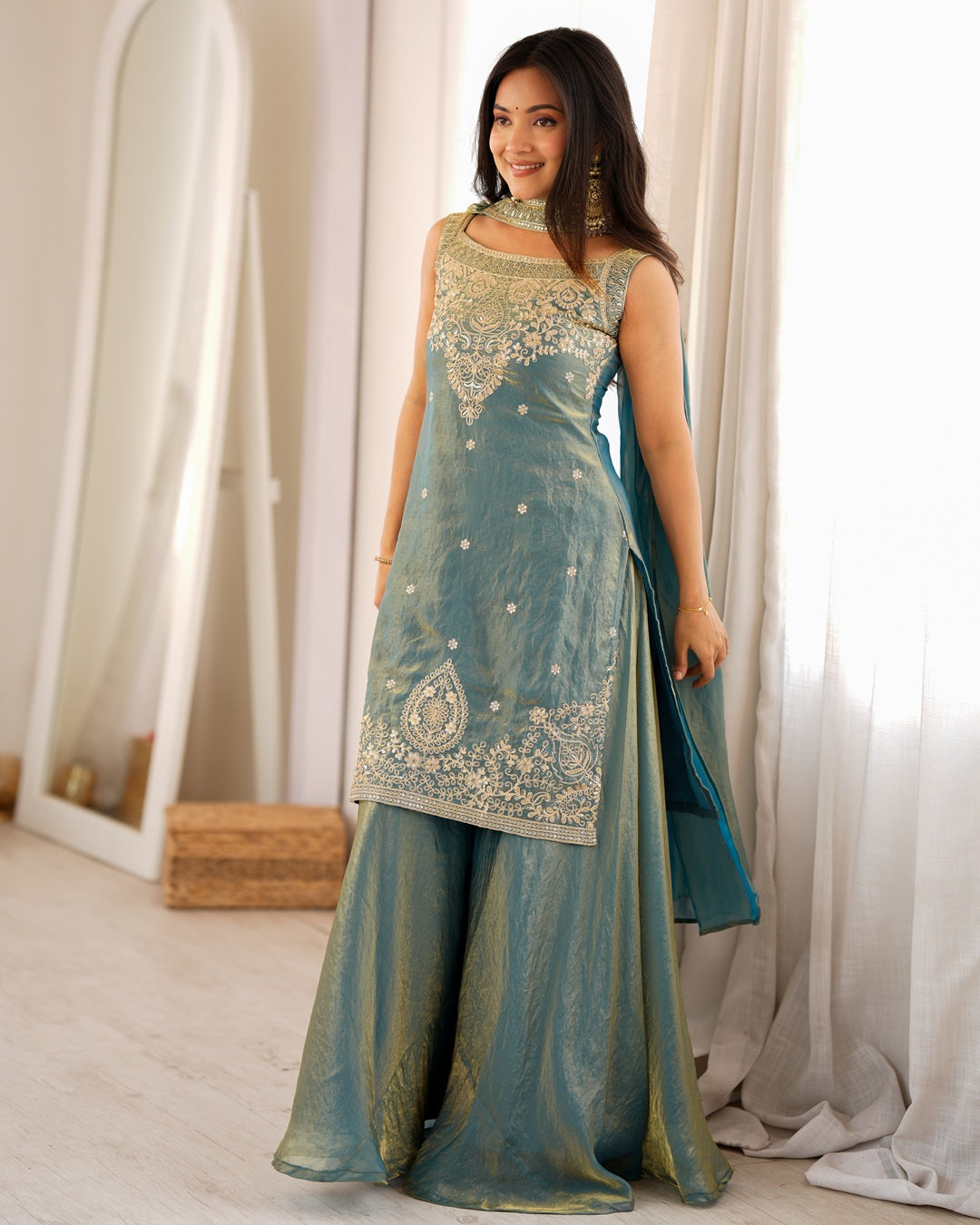 Dusty Blue Fendi Silk Embroidered Sharara Suit with Dupatta | Designer Festive & Wedding Wear