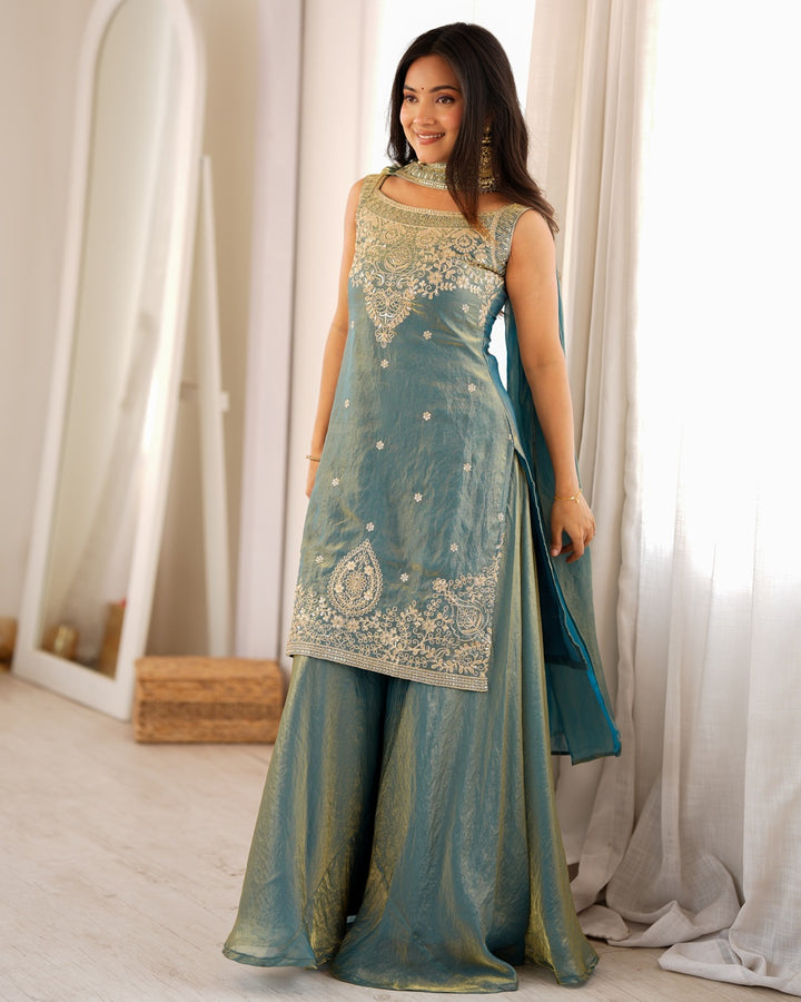 Dusty Blue Fendi Silk Embroidered Sharara Suit with Dupatta | Designer Festive & Wedding Wear