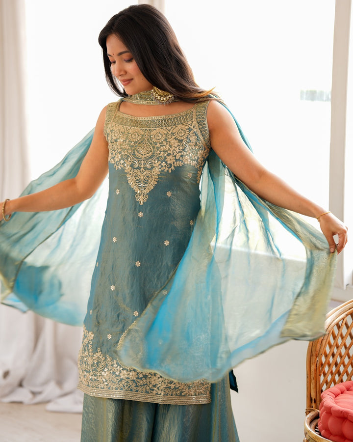Dusty Blue Fendi Silk Embroidered Sharara Suit with Dupatta | Designer Festive & Wedding Wear
