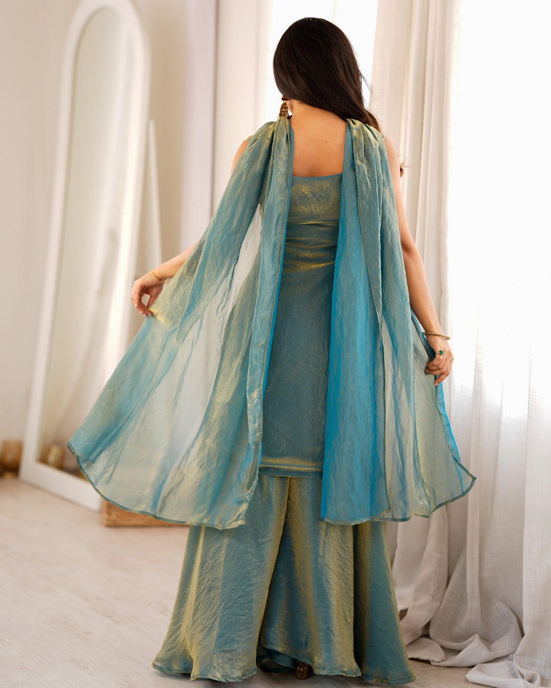 Dusty Blue Fendi Silk Embroidered Sharara Suit with Dupatta | Designer Festive & Wedding Wear