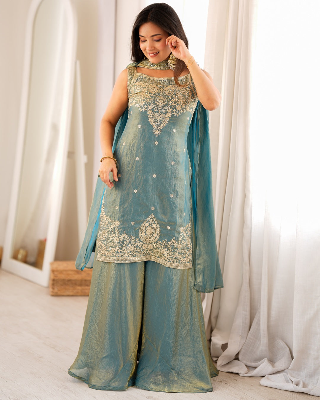 Dusty Blue Fendi Silk Embroidered Sharara Suit with Dupatta | Designer Festive & Wedding Wear