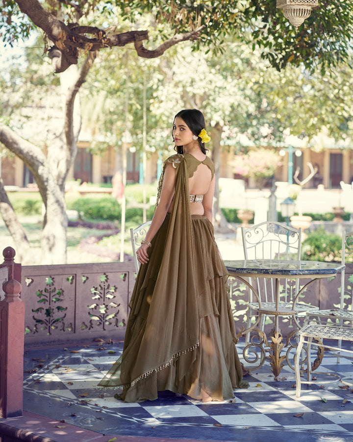 Coffee Color Marble Sequence Embroidered Lehenga Choli | Designer Wedding & Festive Wear