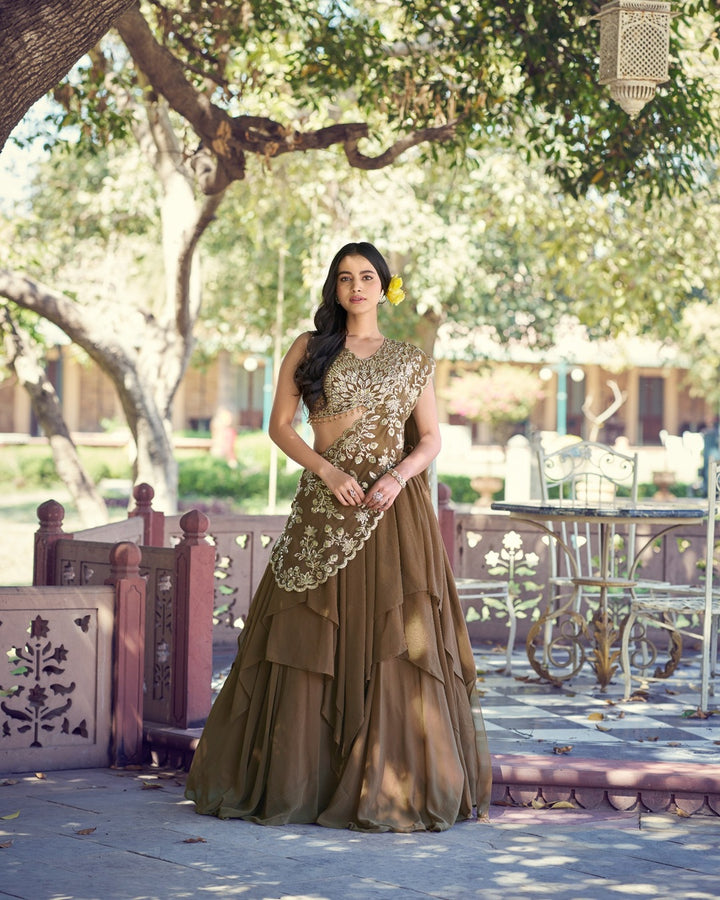Coffee Color Marble Sequence Embroidered Lehenga Choli | Designer Wedding & Festive Wear