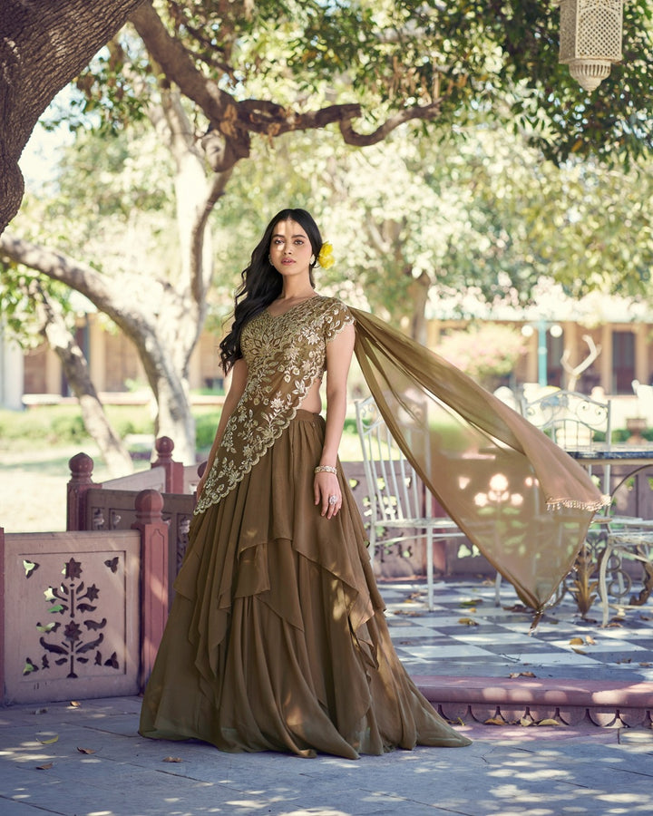 Coffee Color Marble Sequence Embroidered Lehenga Choli | Designer Wedding & Festive Wear