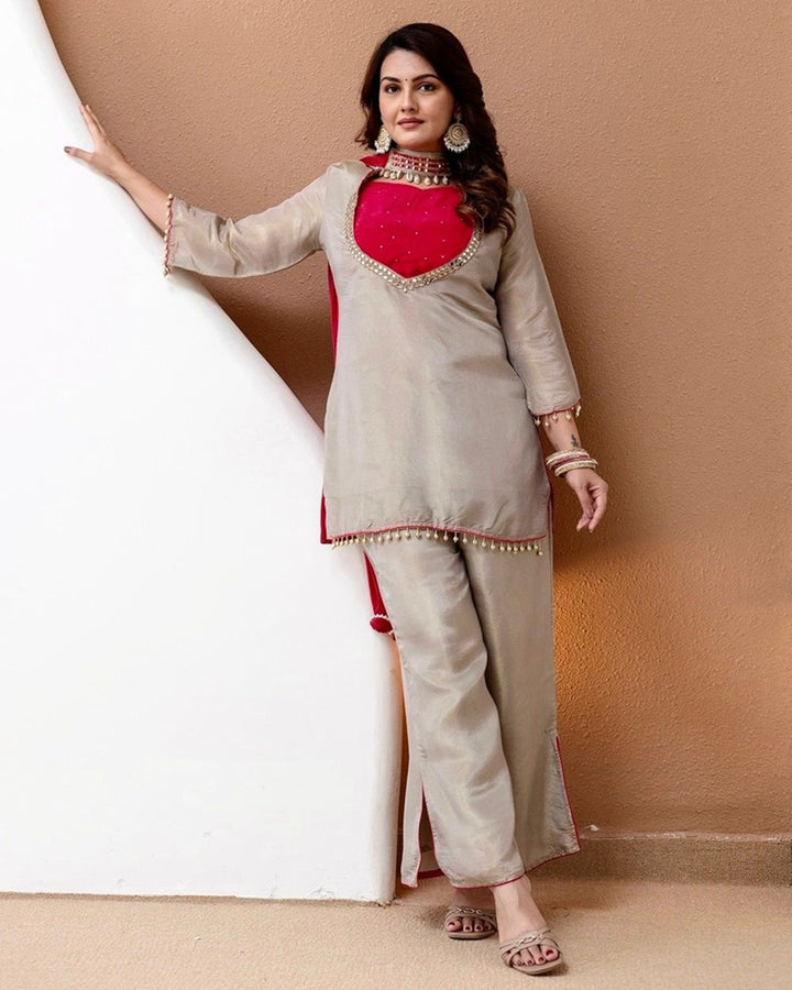 Premium Golden Beige Roman Glass Silk Bustier Suit Set with Dupatta | Designer Festive & Wedding Wear for Women
