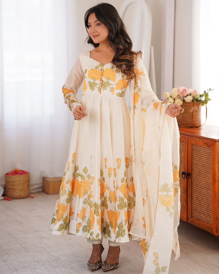 Creamish White Floral Print Organza Three Piece Anarkali Suit with Dupatta | Designer Festive Ethnic Wear for Women