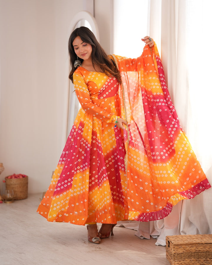 Yellow Traditional Bandhani Printed Organza Gown Set for Women | Festive & Ethnic Wear