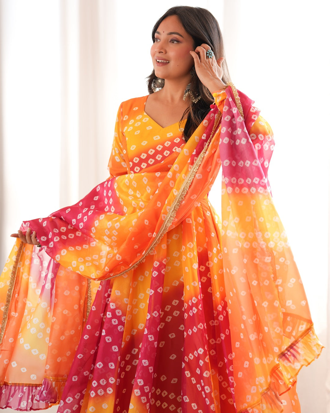 Yellow Traditional Bandhani Printed Organza Gown Set for Women | Festive & Ethnic Wear