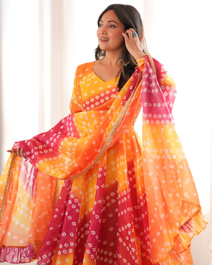 Yellow Traditional Bandhani Printed Organza Gown Set for Women | Festive & Ethnic Wear