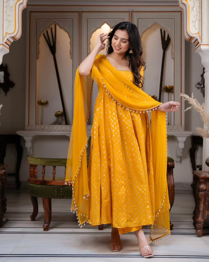 Yellow Premium Banarasi Fabric Anarkali Suit | Elegant Festive & Wedding Wear for Women