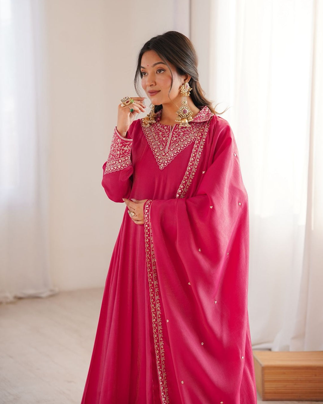 Rani Pink Designer Anarkali Suit in Pure Shimmer Silk