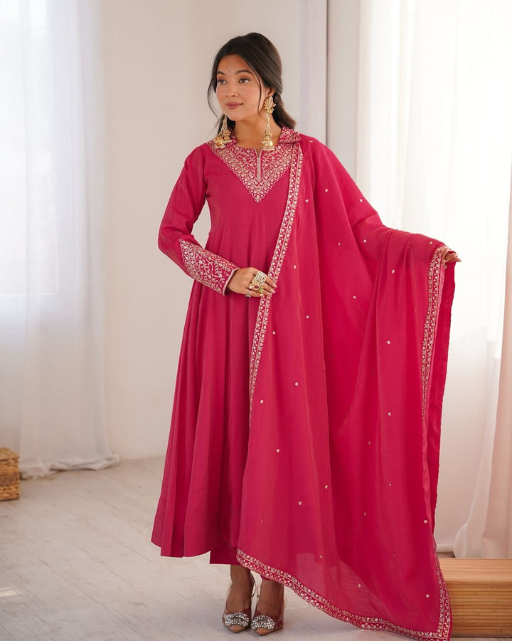 Rani Pink Designer Anarkali Suit in Pure Shimmer Silk