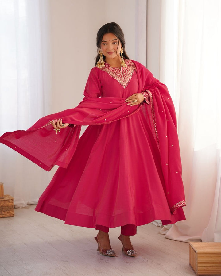 Rani Pink Designer Anarkali Suit in Pure Shimmer Silk