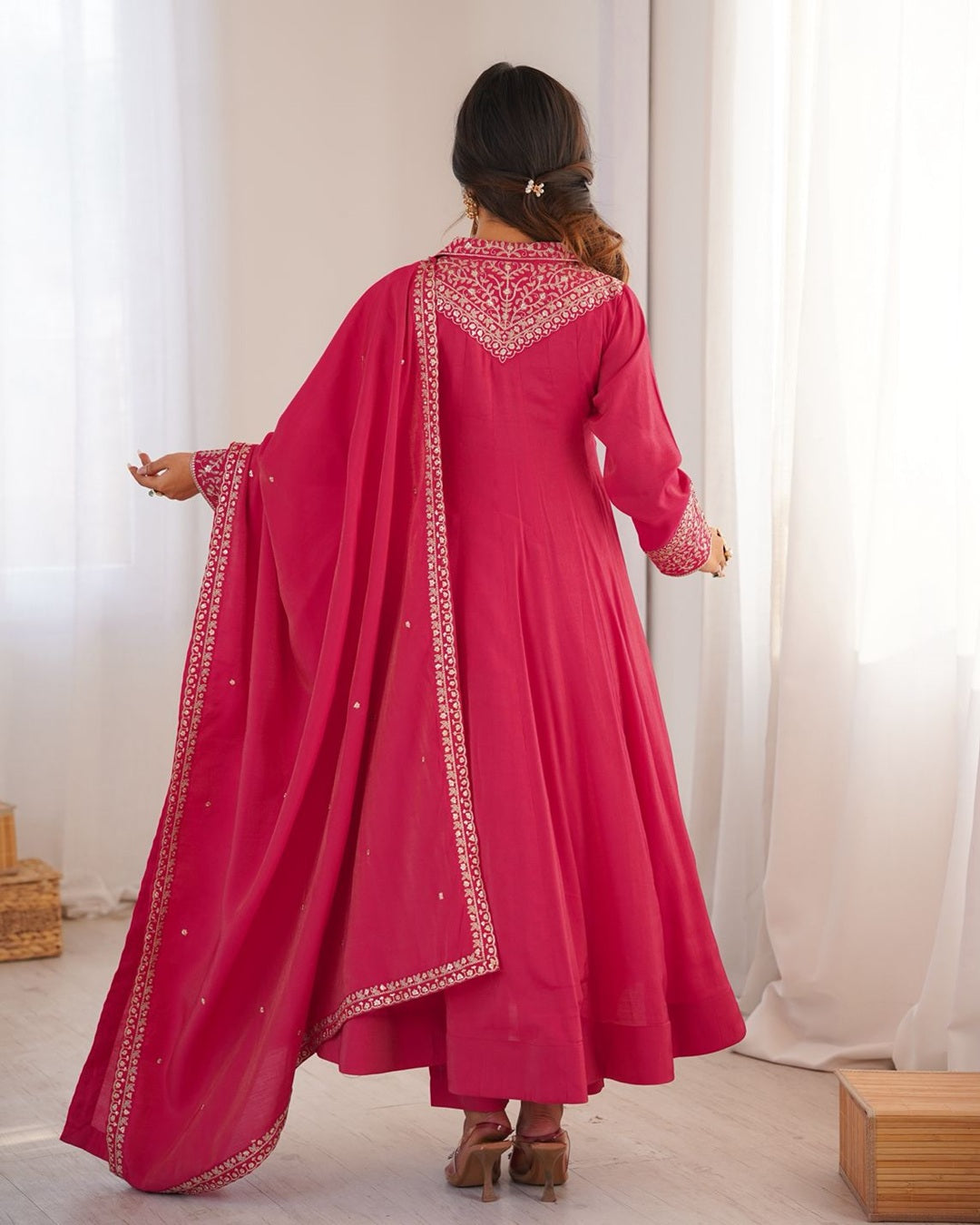 Rani Pink Designer Anarkali Suit in Pure Shimmer Silk