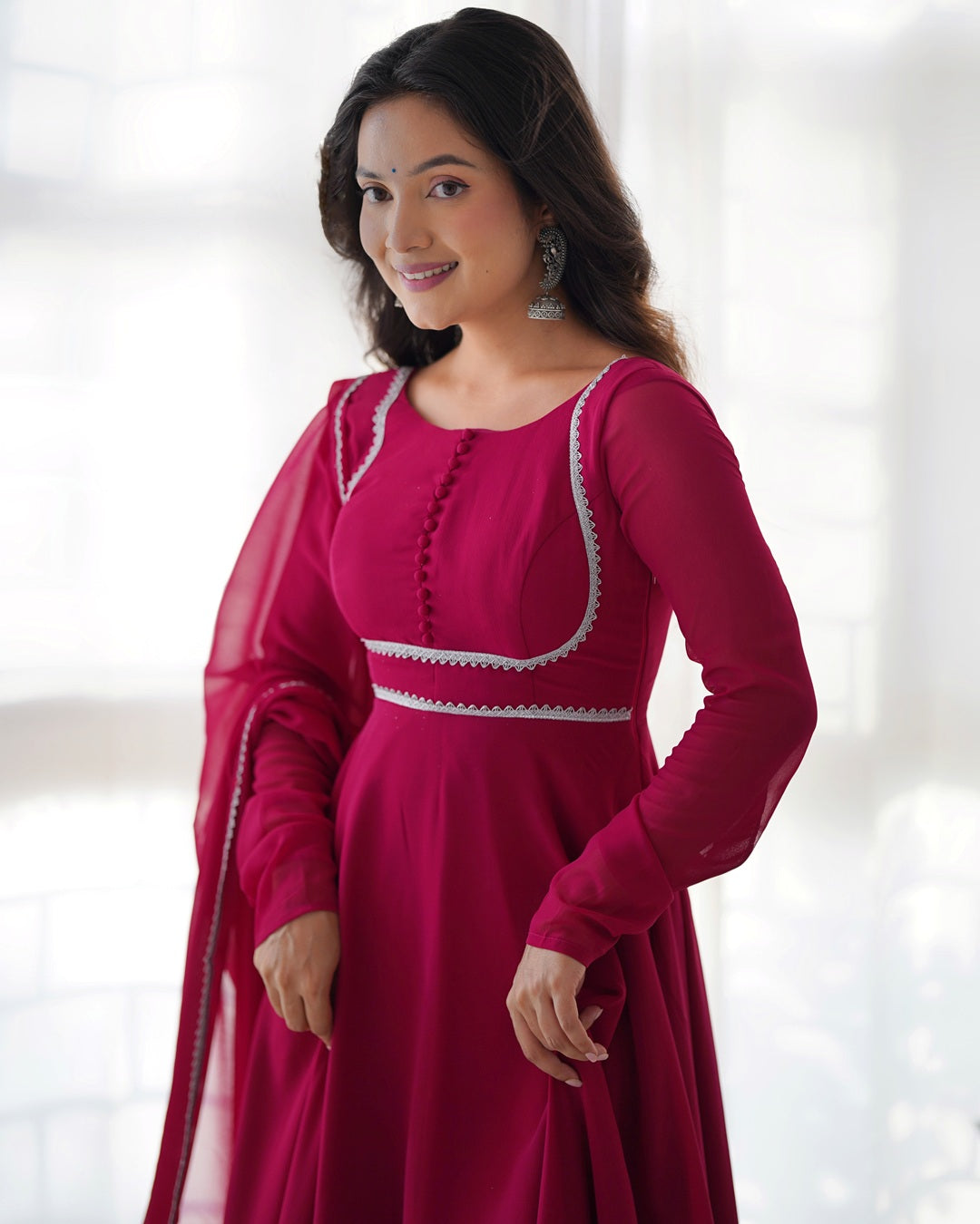 Rose Pink Color Georgette Three Piece Anarkali Suit
