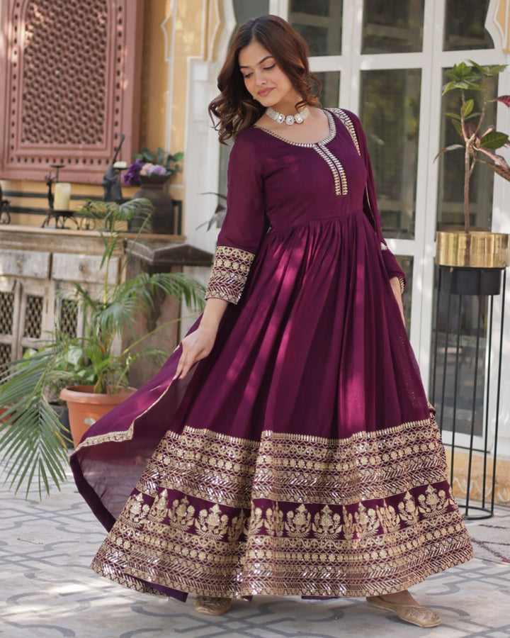Wine Color Vichitra Shimmer Sequence Embroidered Gown