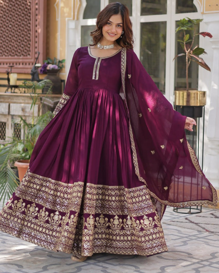 Wine Color Vichitra Shimmer Sequence Embroidered Gown
