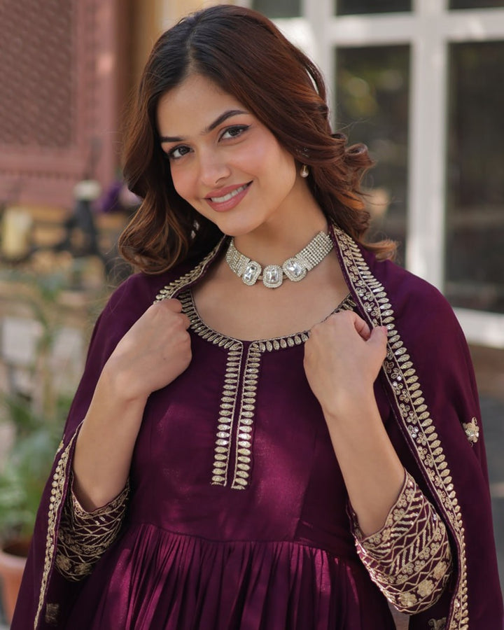 Wine Color Vichitra Shimmer Sequence Embroidered Gown