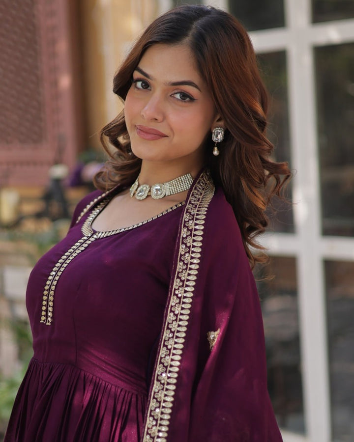 Wine Color Vichitra Shimmer Sequence Embroidered Gown