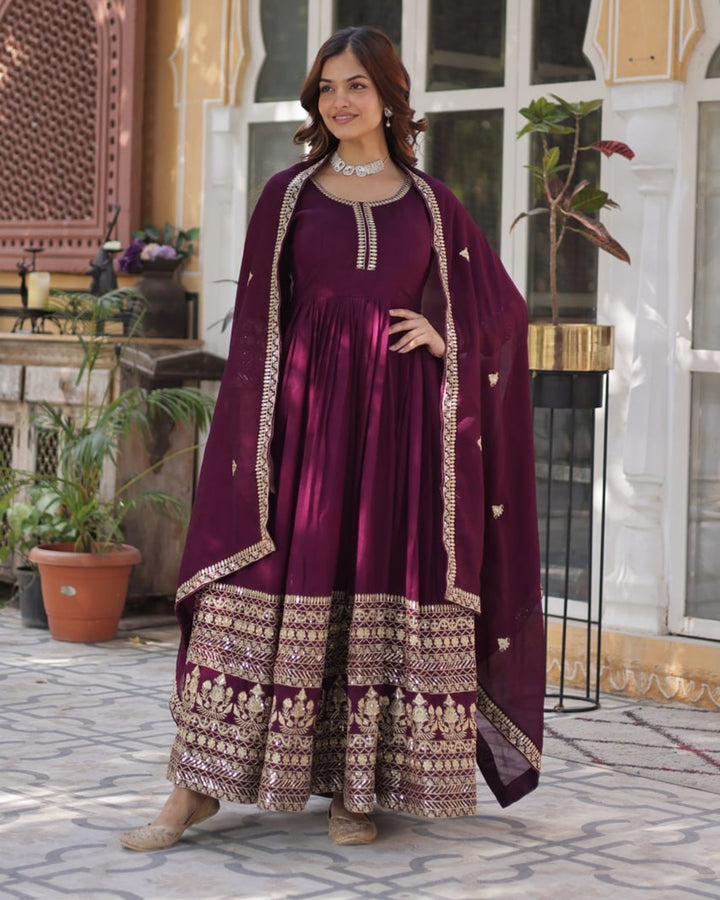 Wine Color Vichitra Shimmer Sequence Embroidered Gown