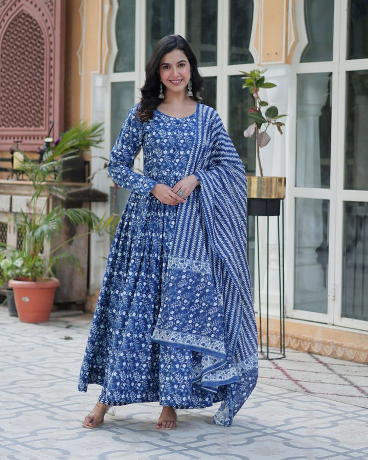 Dusty Blue Premium Readymade Kurti with Pant & Dupatta Set
