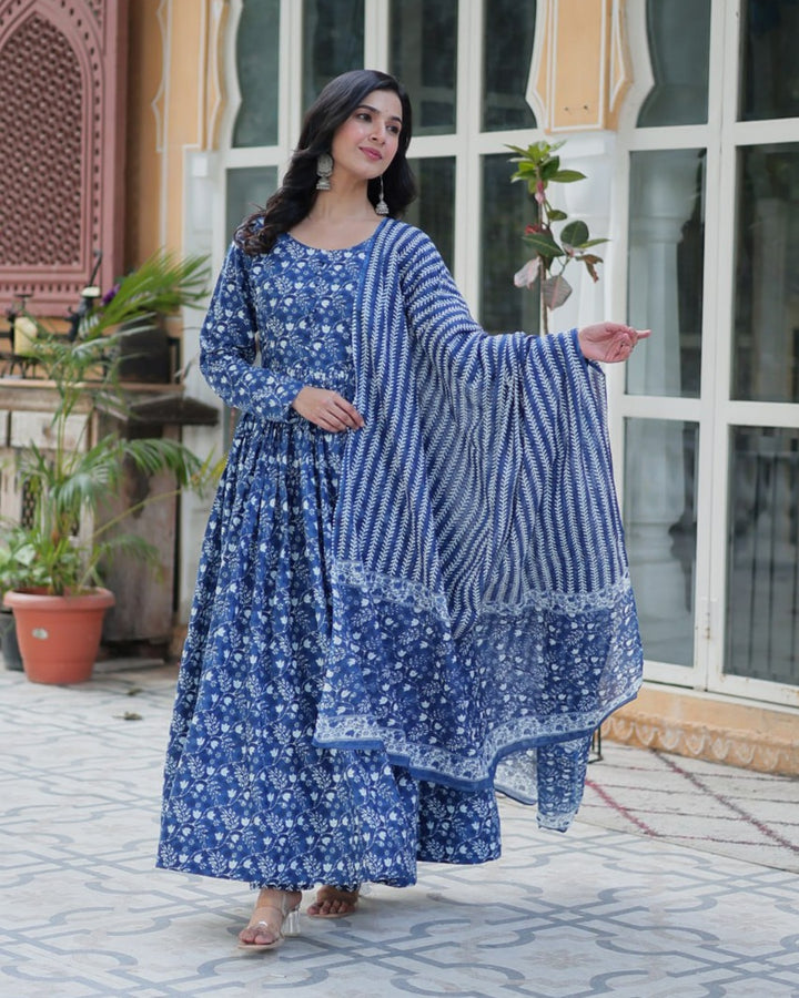 Dusty Blue Premium Readymade Kurti with Pant & Dupatta Set