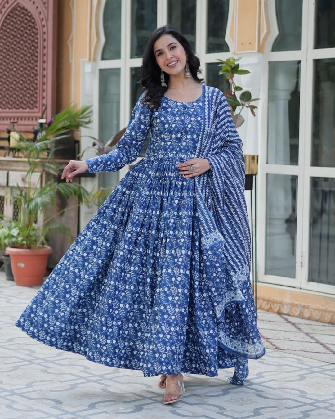 Dusty Blue Premium Readymade Kurti with Pant & Dupatta Set