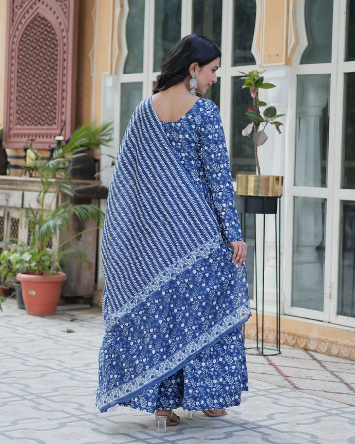 Dusty Blue Premium Readymade Kurti with Pant & Dupatta Set
