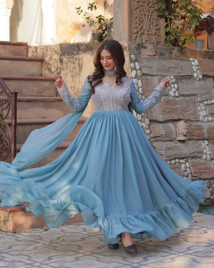 Sky Color Star Georgette Embroidered Gown