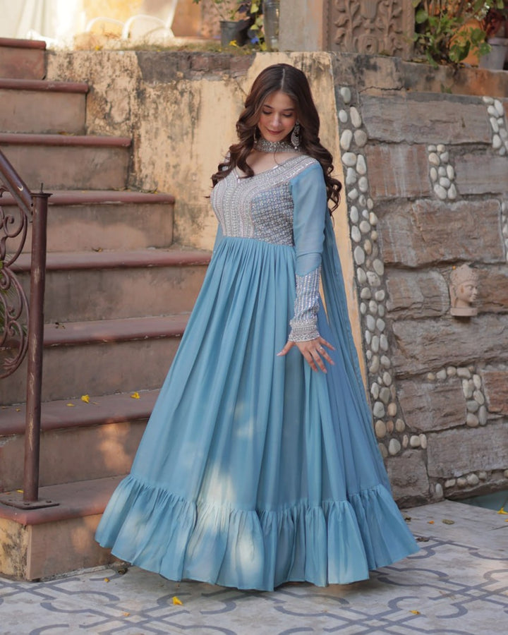 Sky Color Star Georgette Embroidered Gown