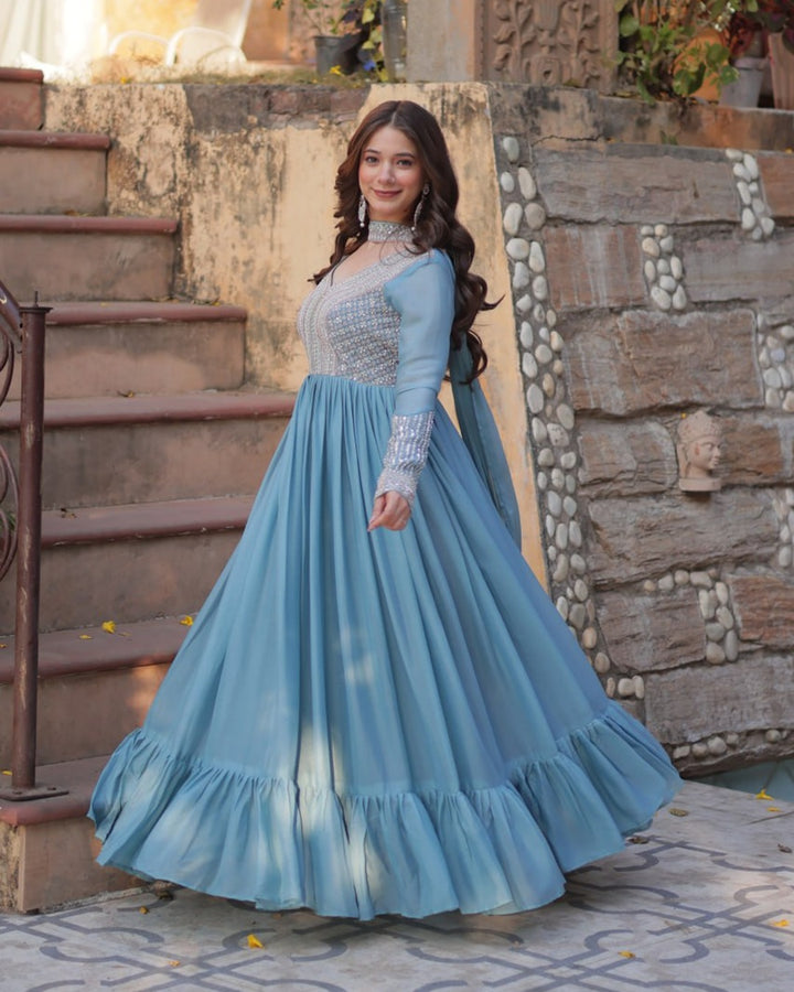 Sky Color Star Georgette Embroidered Gown