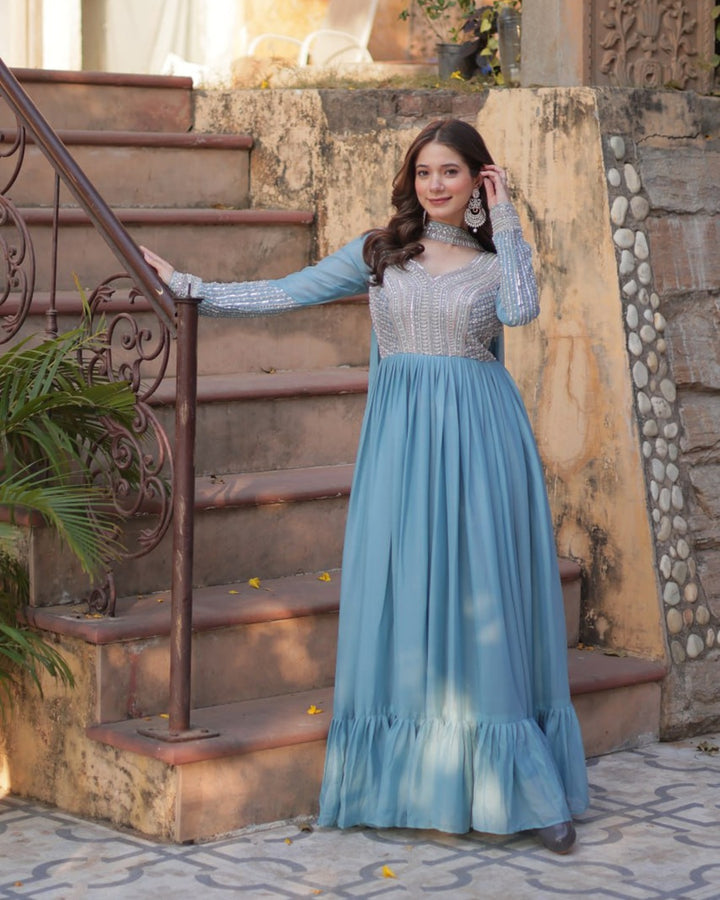 Sky Color Star Georgette Embroidered Gown