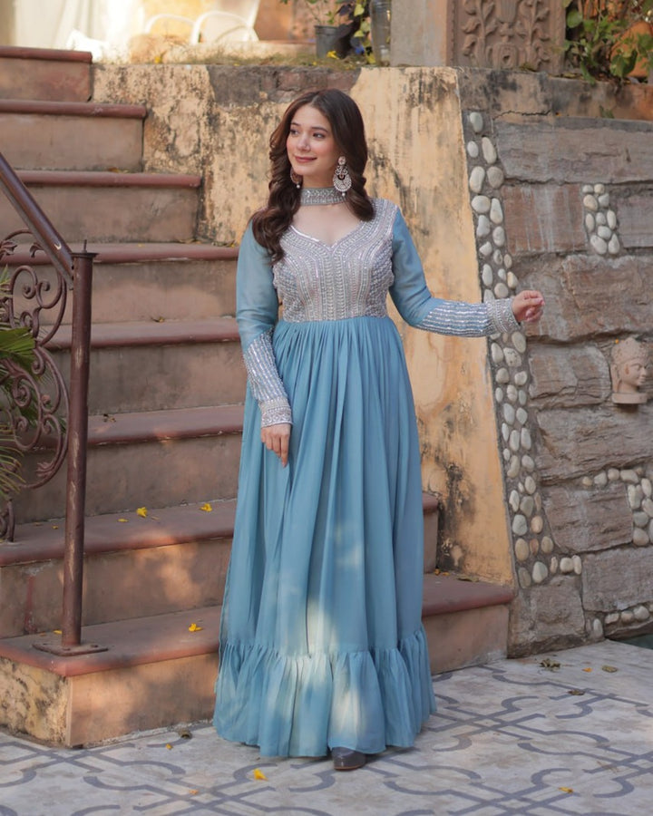 Sky Color Star Georgette Embroidered Gown