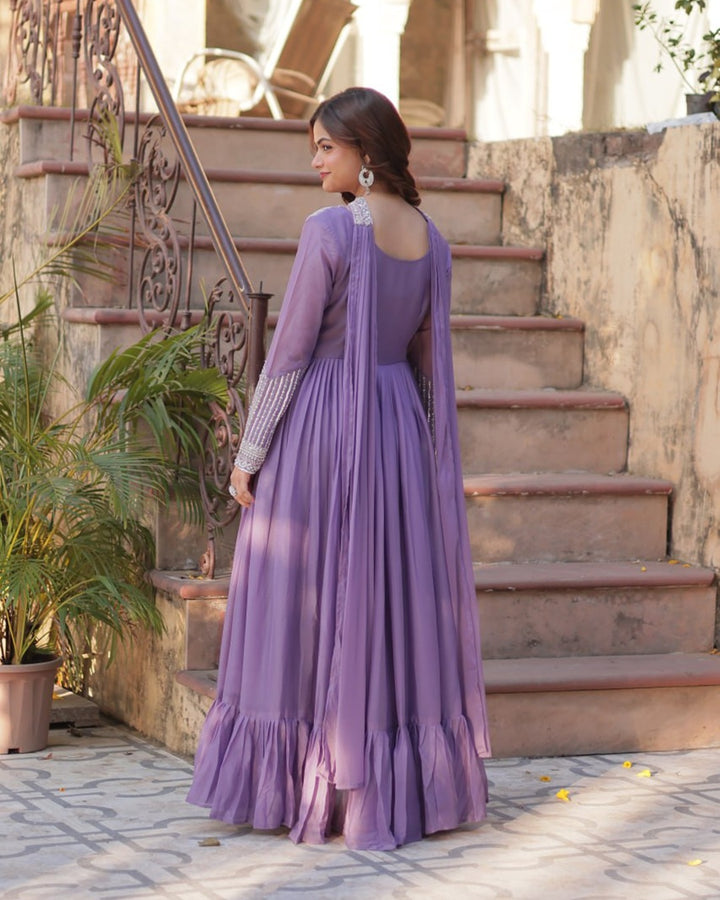 Lavender Color Star Georgette Embroidered Gown