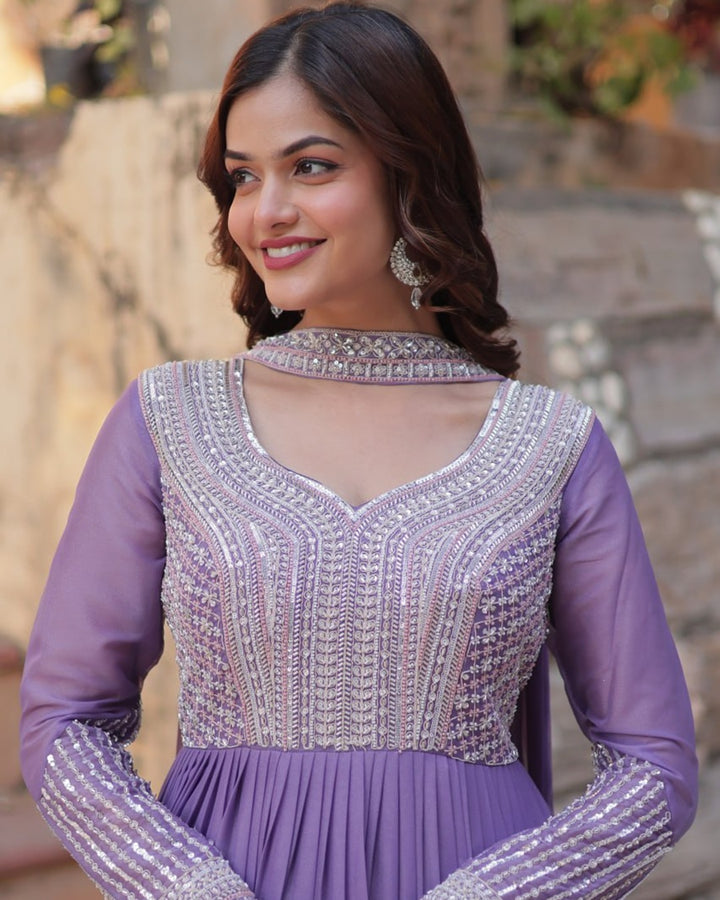 Lavender Color Star Georgette Embroidered Gown