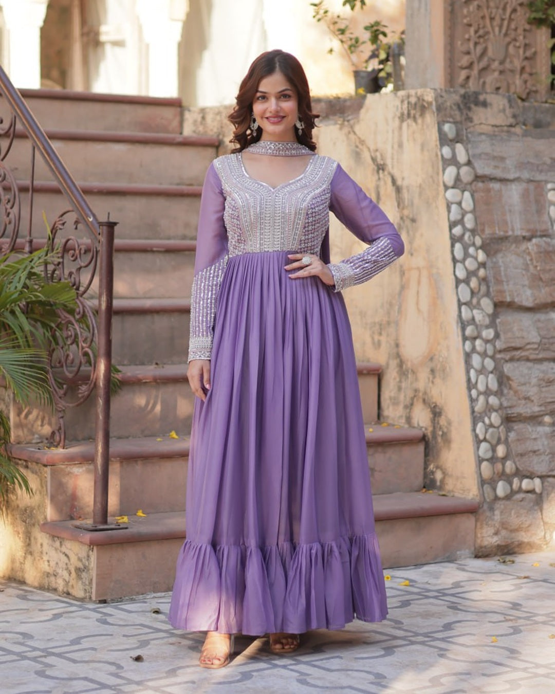 Lavender Color Star Georgette Embroidered Gown