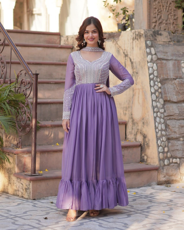 Lavender Color Star Georgette Embroidered Gown
