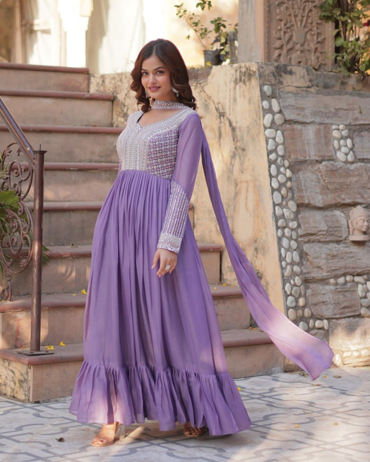 Lavender Color Star Georgette Embroidered Gown