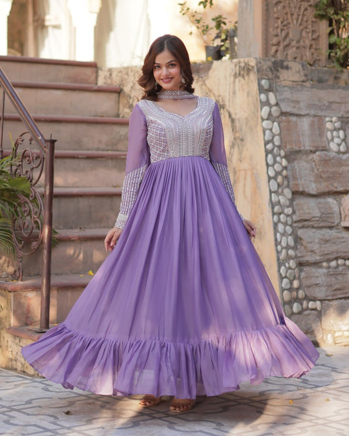 Lavender Color Star Georgette Embroidered Gown