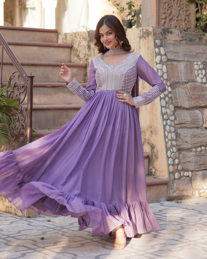 Lavender Color Star Georgette Embroidered Gown
