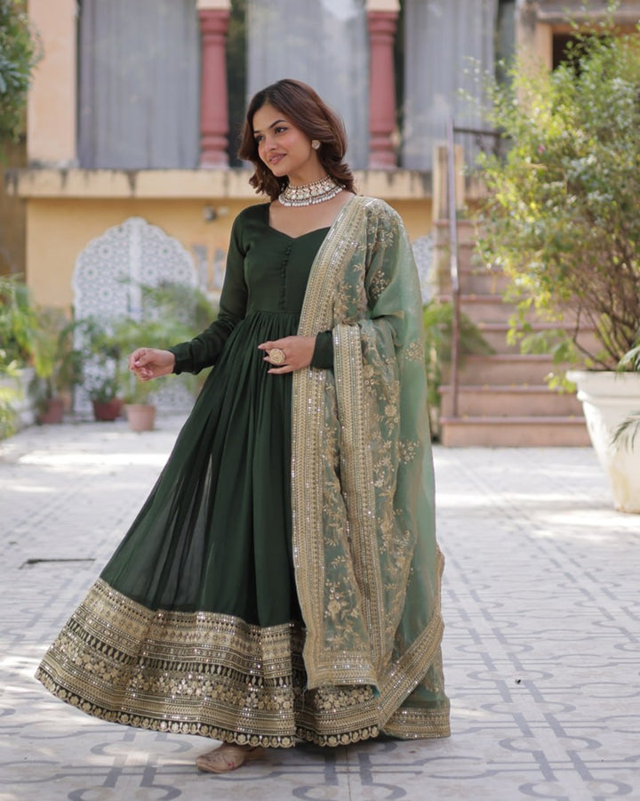 Mehndi Color Vichitra Shimmer Sequence Embroidered Gown