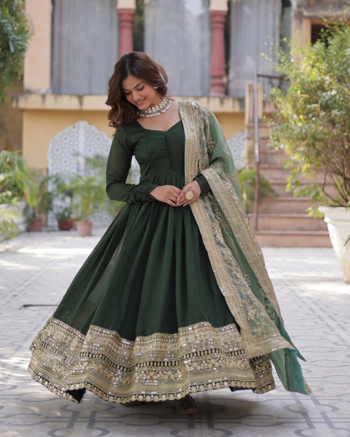 Mehndi Color Vichitra Shimmer Sequence Embroidered Gown