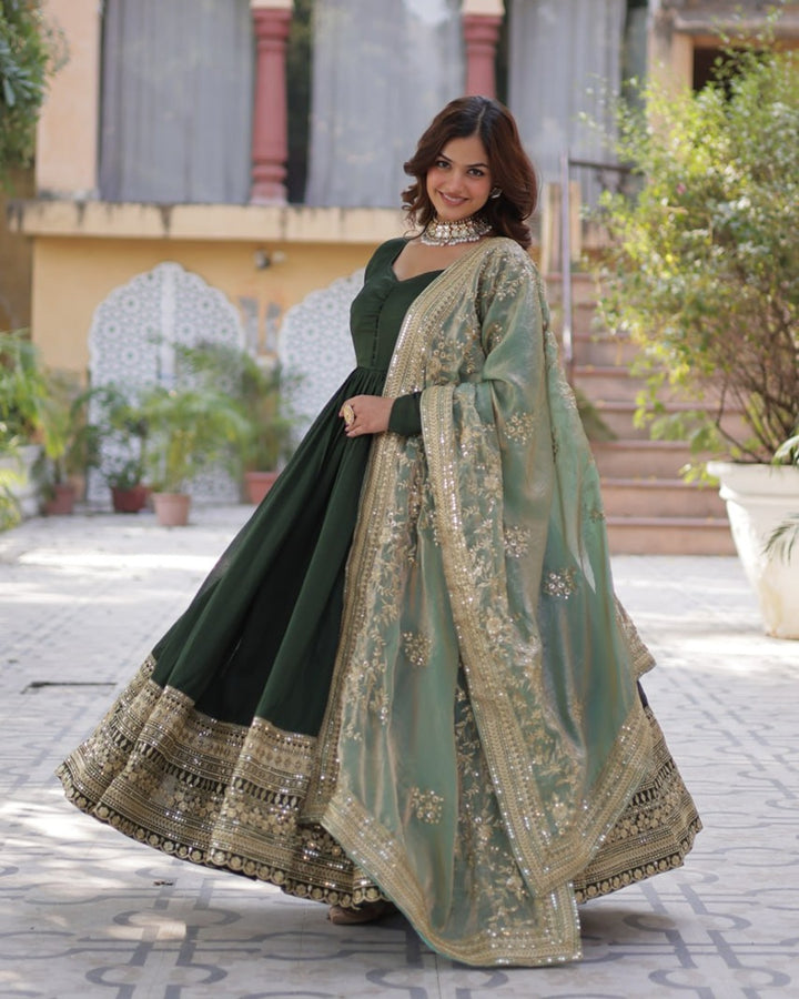Mehndi Color Vichitra Shimmer Sequence Embroidered Gown