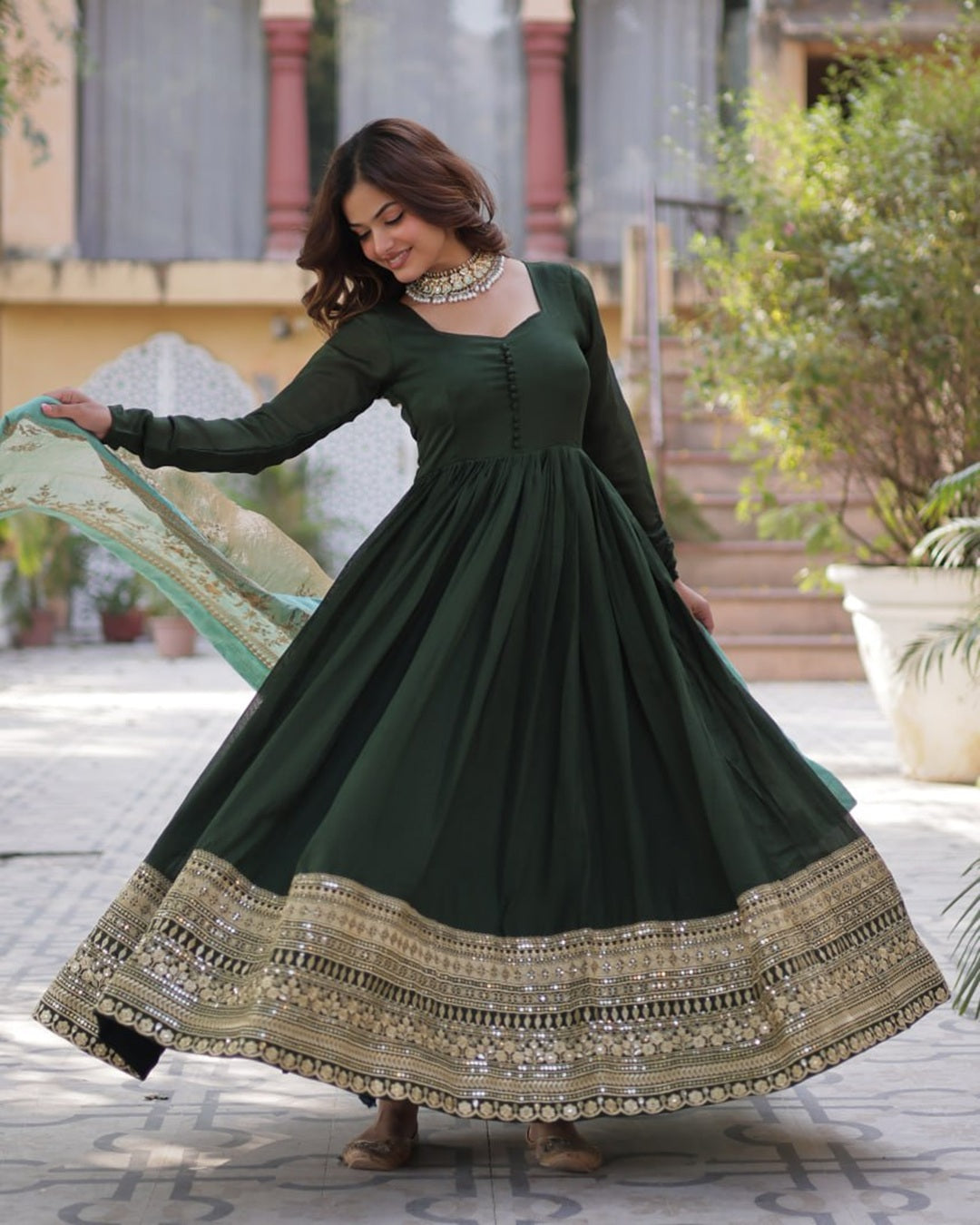 Mehndi Color Vichitra Shimmer Sequence Embroidered Gown